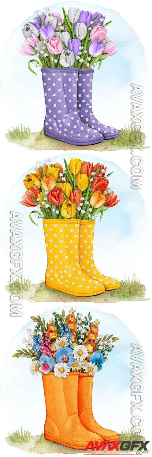 Rubber boots with floral bouquet - Watercolor vector illustration