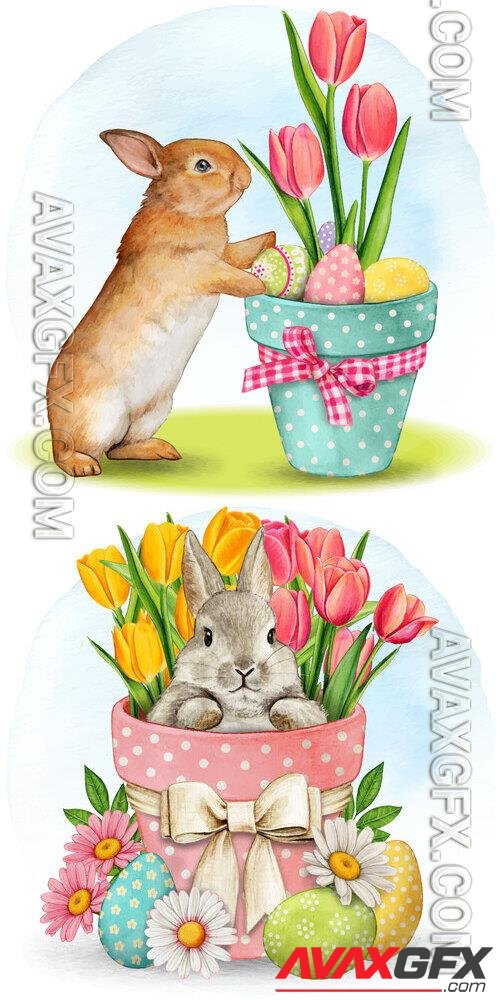Pot with cute bunny easter eggs and tulips - Watercolor vector illustration