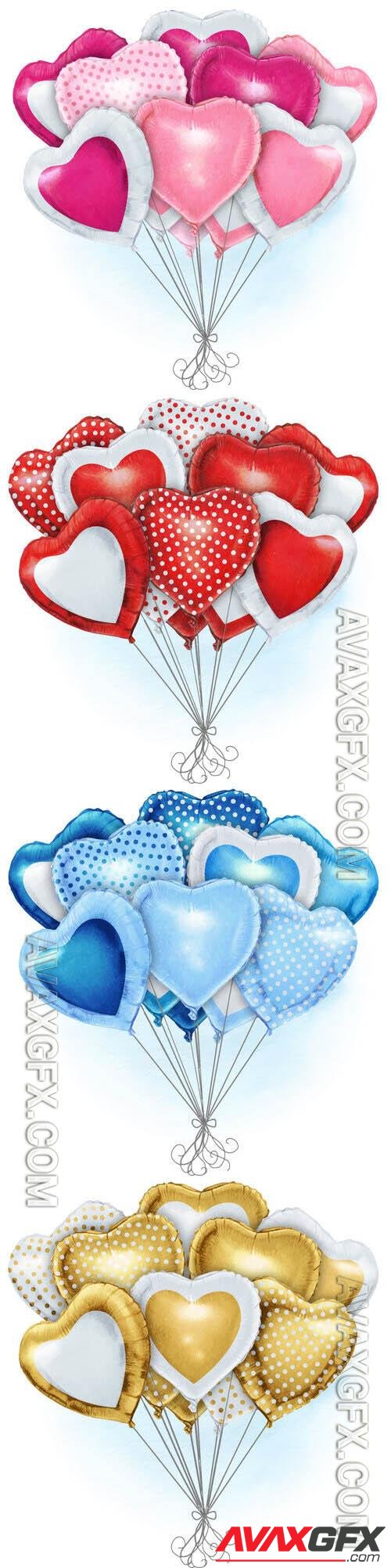 Hand drawn heart shaped realistic ballooons - Watercolor vector illustration
