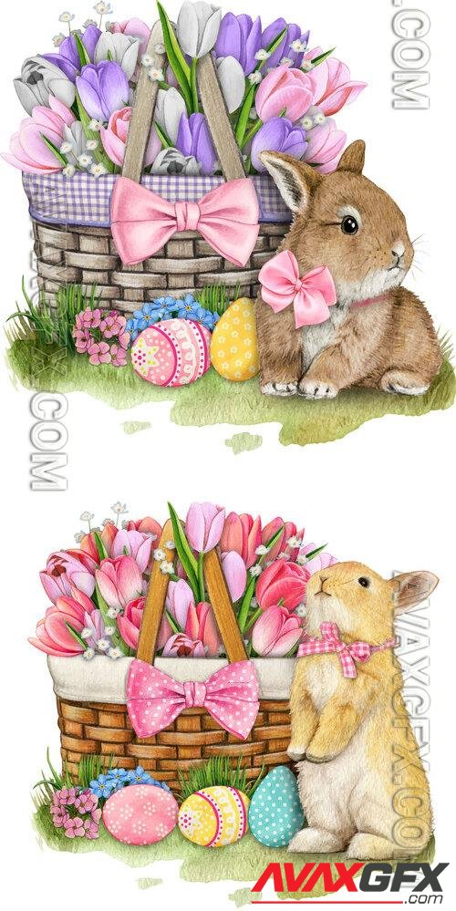 Hand drawn easter bunny with tulip basket - Watercolor vector illustration