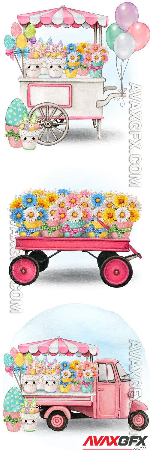 Easter floral market truck - Watercolor vector illustration