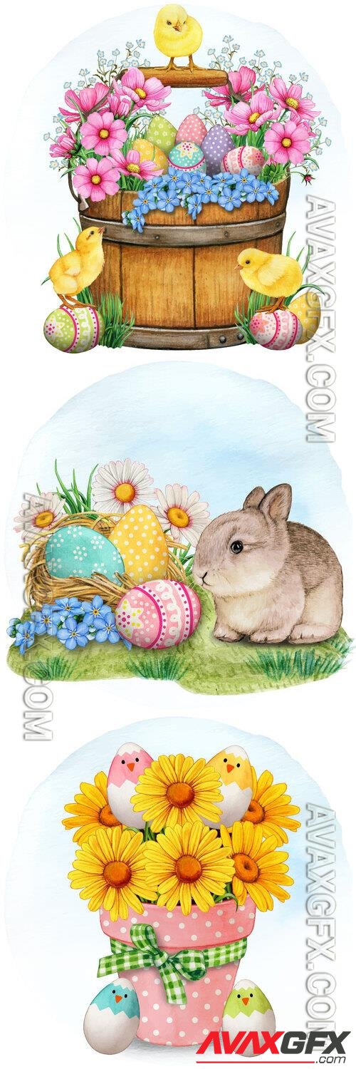 Cute baby rabbit with chickens and eggs - Watercolor vector illustration