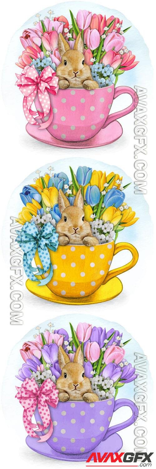 Cup with a bunny and spring flowers in it - Watercolor vector illustration