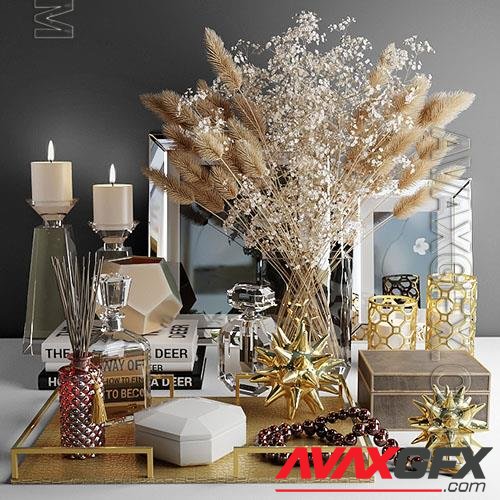Decorative set with a bouquet of white flowers and dry grass - 3D model Interior