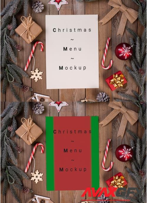 One Page Christmas Menu on Wooden Restaurant Table with Holyday Decoration 472896062 [Adobestock]