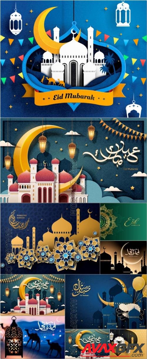 Ramadan, Eid mubarak vector poster design with arabic calligraphy [EPS]