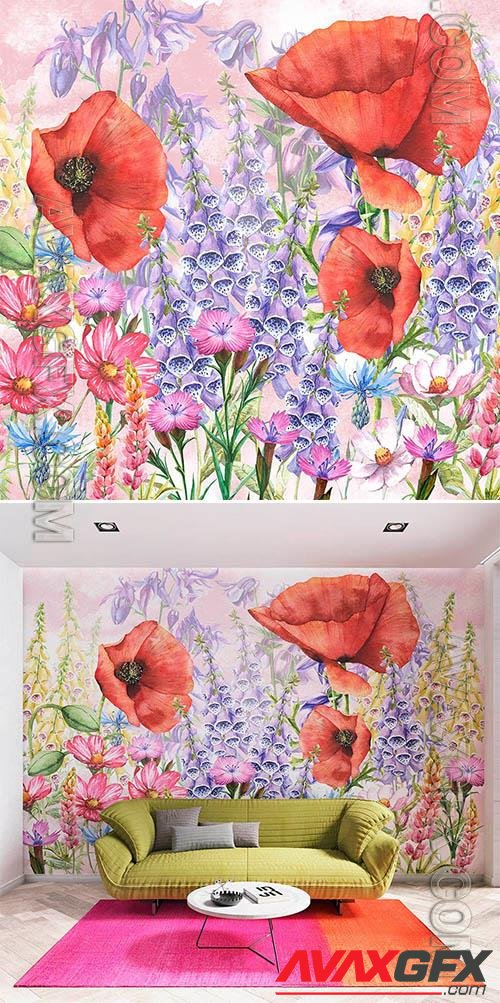 Red poppies and wildflowers - Wallpaper for interior and design