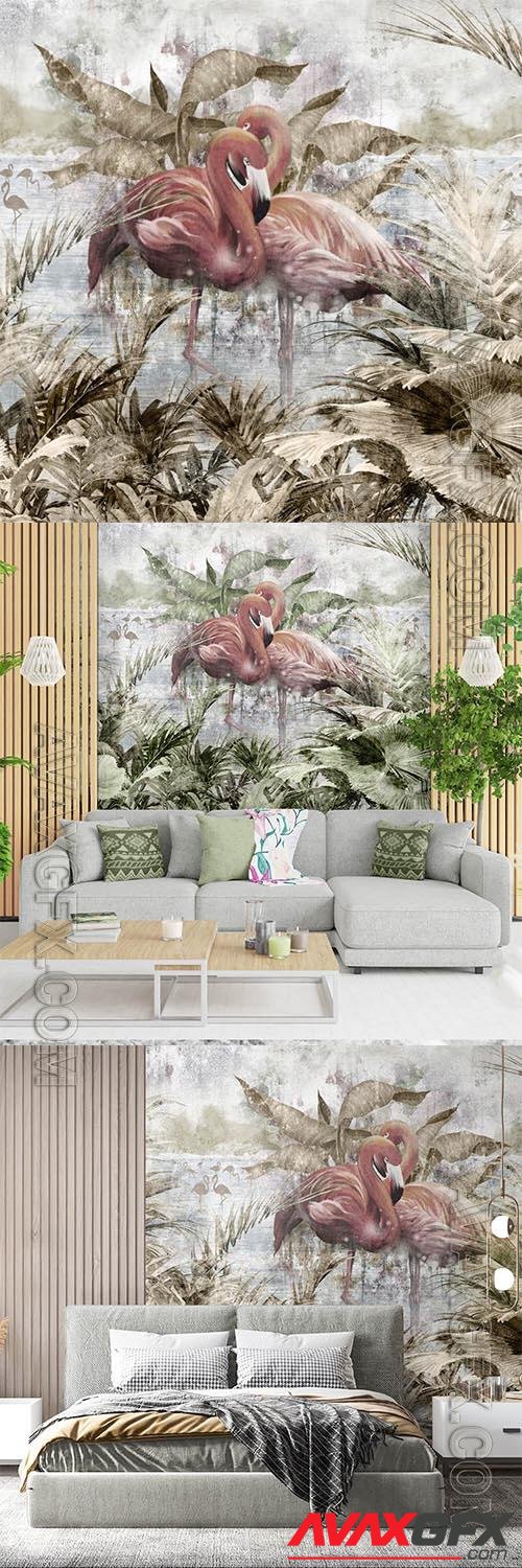 Flamingos and tropical leaves - Wallpaper for interior and design