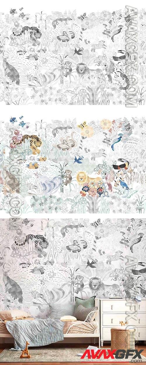 Animals and birds, Garden of Eden - Wallpaper for interior and design