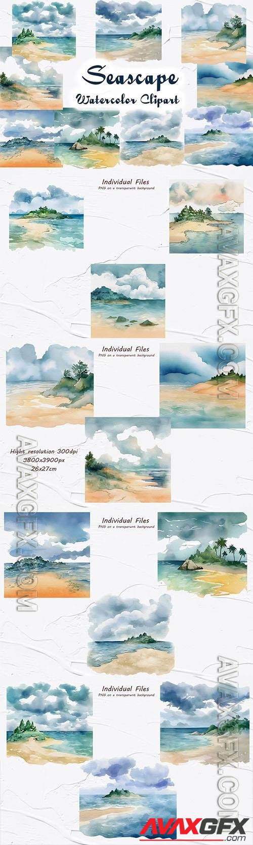 Watercolor clipart with seascapes, sea, beach [PNG]