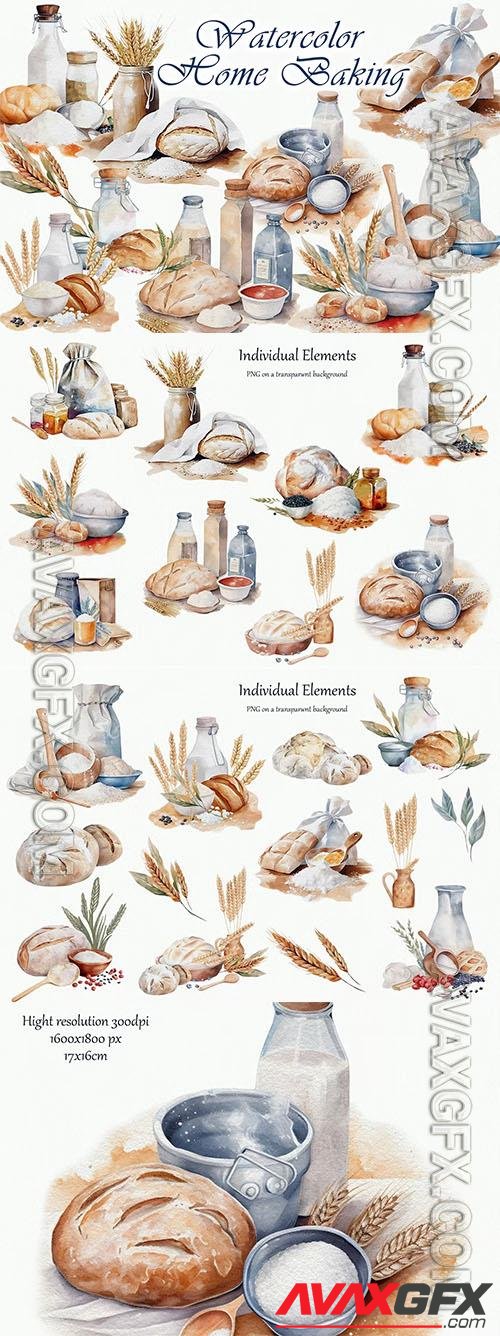 Watercolor clipart with вaking, bread [PNG]