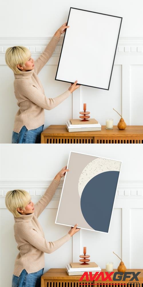 Woman Hanging Mockup Frame on a Wall 435656205 [Adobestock]