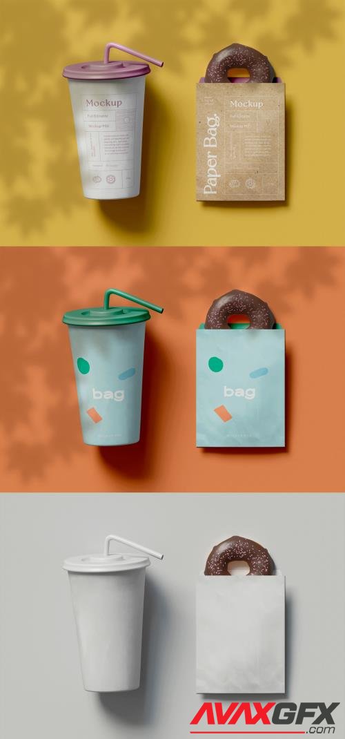 Paper Cup with Bag and Donut Mockup 427702238 [Adobestock]