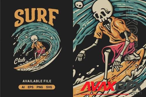 Surf Club With Skeleton Vector Illustration