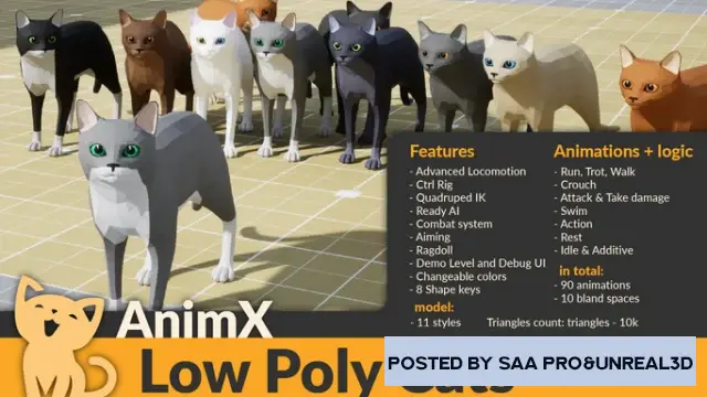 Unreal Engine Characters AnimX: Low Poly Cats v5.1