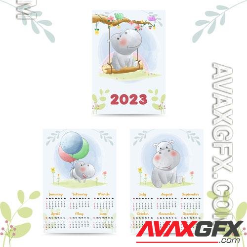 Vector cute hippopotamus calendar 2023