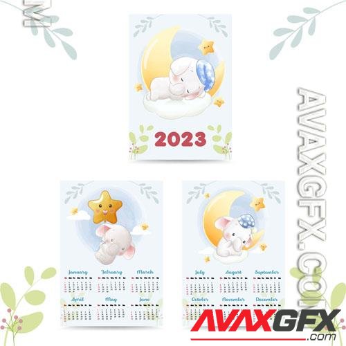 Vector cute calendar 2023 with elephant calf