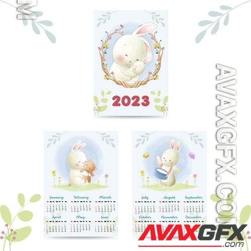Cute bunny calendar 2023 watercolor illustration