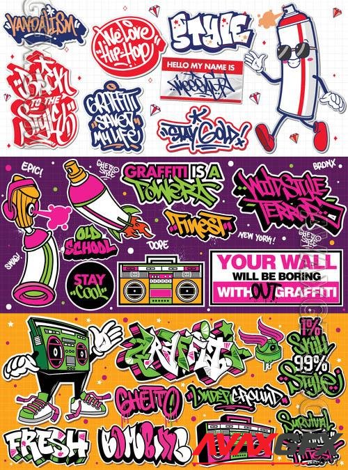 Colorful vibrant graffiti art sticker vector designs