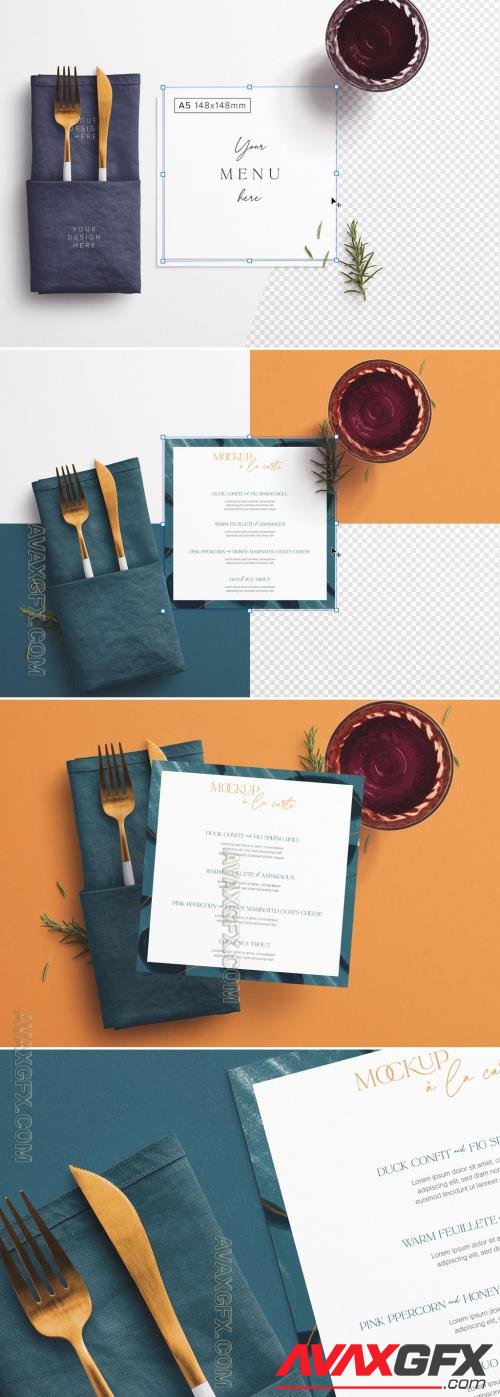 Table Small Square Menu with Cutleries, Napkin, Drink, and Herbs 391585525 [Adobestock]