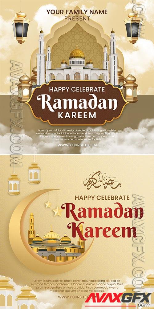 Ramadan kareem psd poster with a picture of a mosque and a month