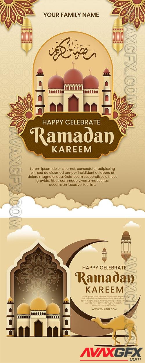 Ramadan kareem psd poster with a picture of a mosque and a camel