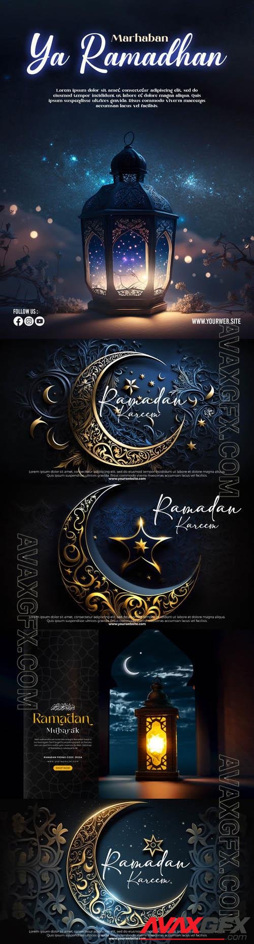 PSD ramadan kareem banner template with 3d render islamic background