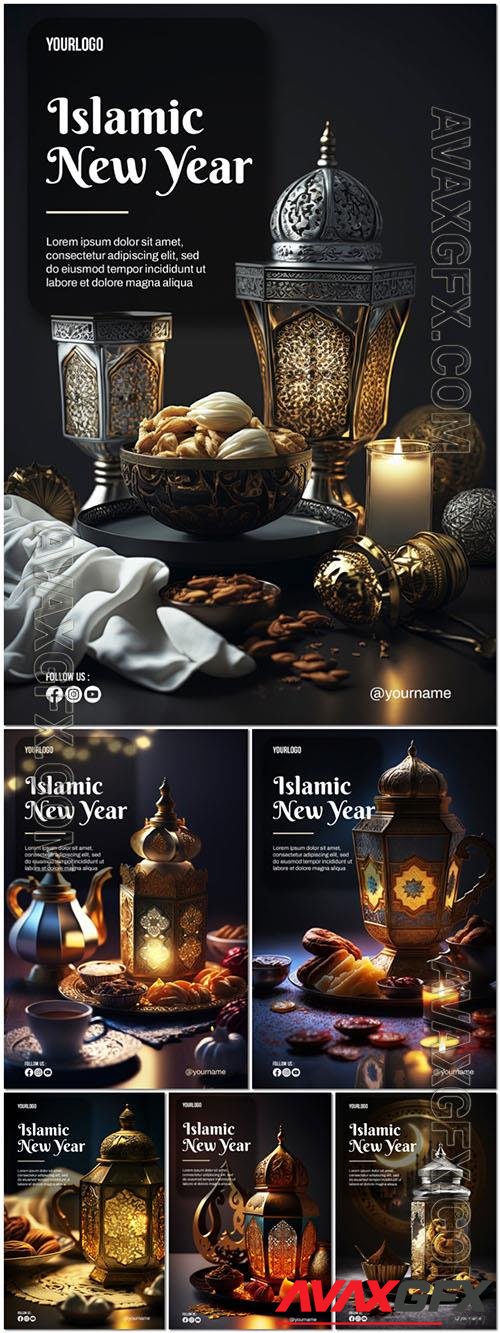 Happy islamic new year psd poster with lantern and dates background