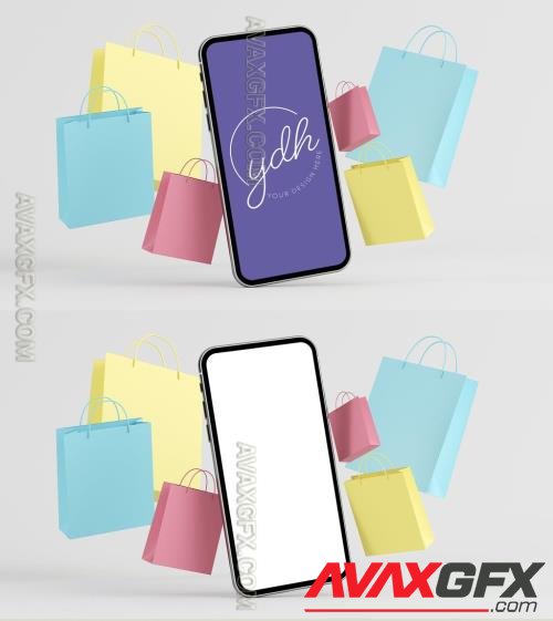 Floating Mobile Mockup Surrounded by Colorful Shopping Bags 408606628 [Adobestock]