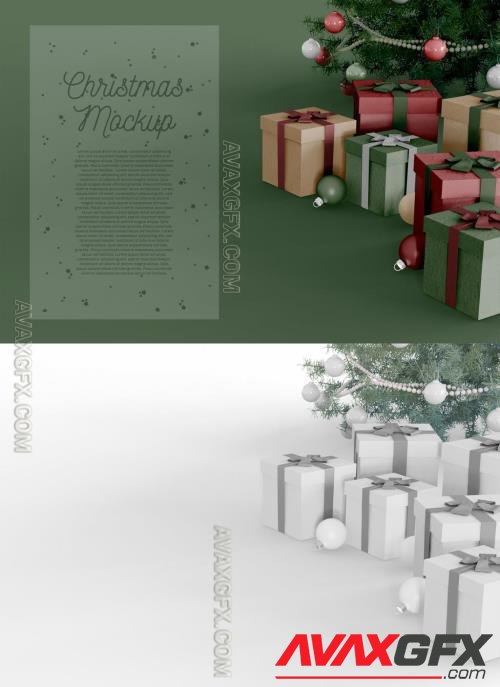 Gift Box, Christmas Tree and Holiday Ornaments with Background Mockup 383127987 [Adobestock]
