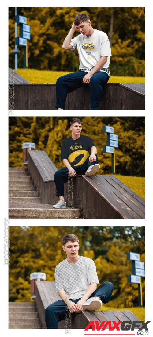 3 Oversized T-Shirt Mockups with Model Outdoors in Autumn 382472771 [Adobestock]