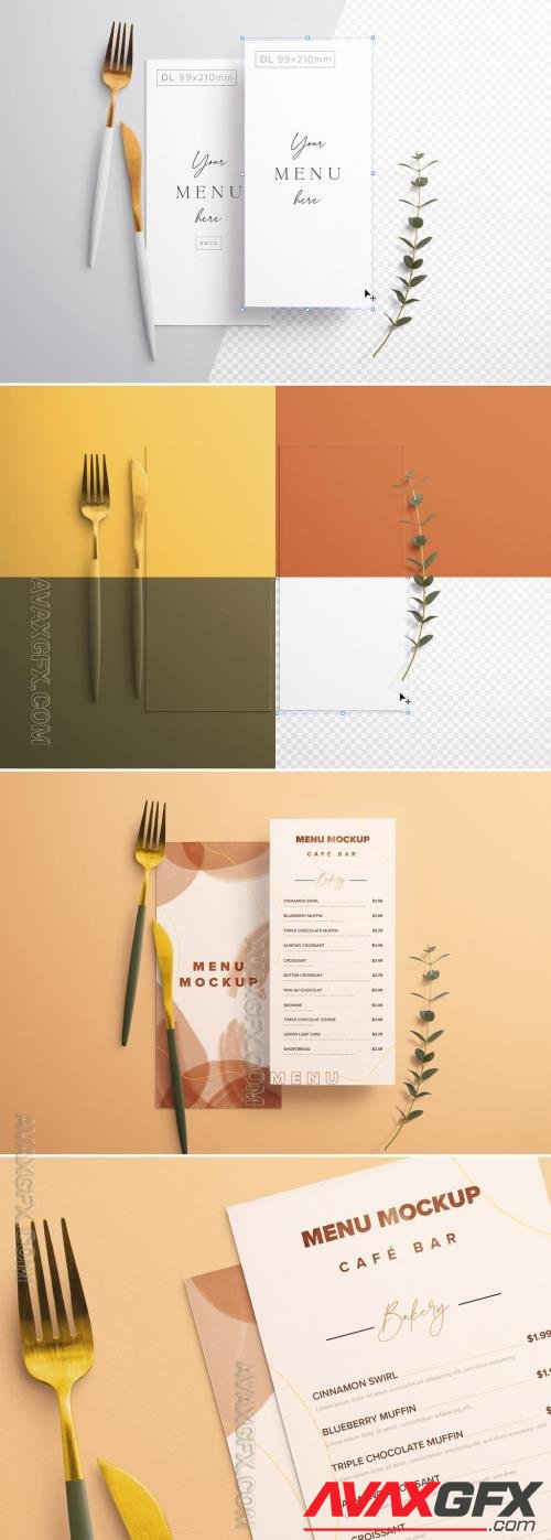 Menu on Table with Cutlery and Eucalyptus Mockup 367818270 [Adobestock]