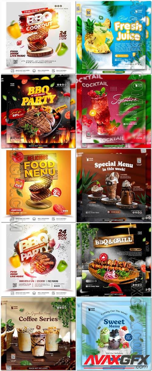 Flyer food and drink social media post, psd banner set vol 190