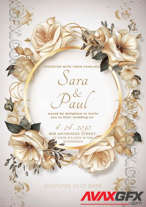 Wedding invitation with a gold psd frame and white flowers