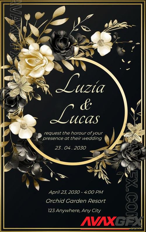 Wedding black and gold psd invitation with gold flowers and gold frame
