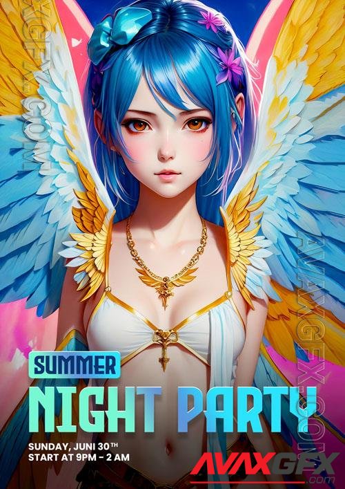 Anime girl with wings on a summer psd background