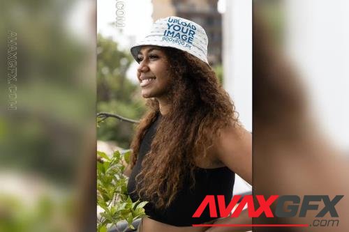 Bucket Hat Mockup Featuring a Smiling Woman 7TVX93E