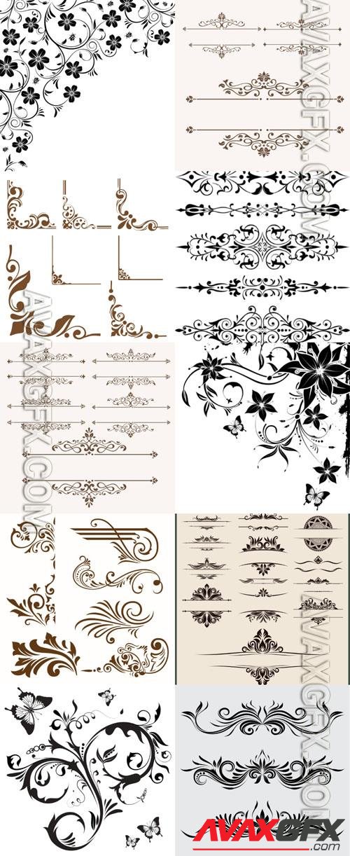 Scrolls, frame, dividers, curls, line, patterns, borders, floral, design elements, calligraphic, ornaments, decorative hand drawn vector set