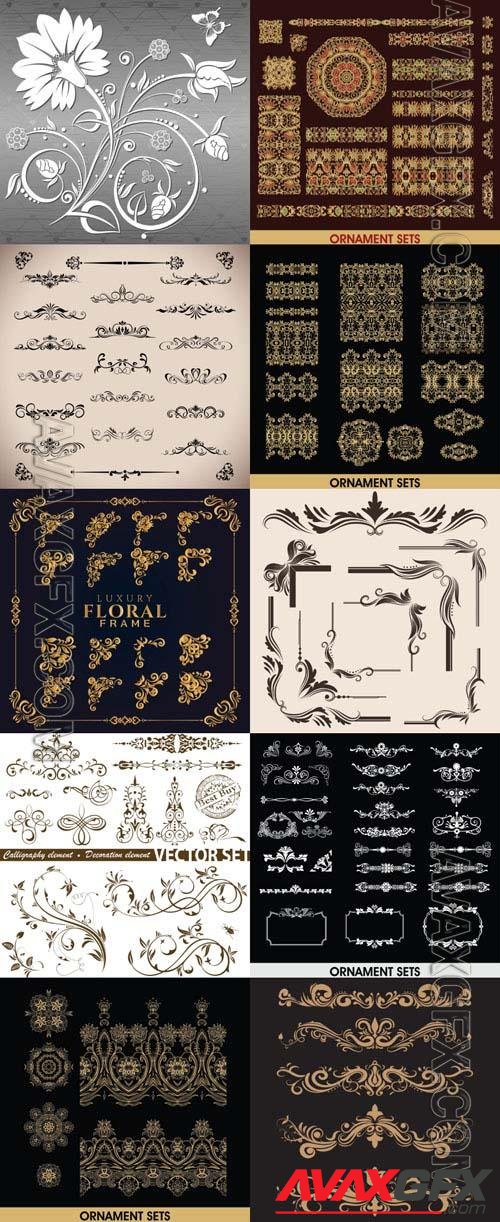 Calligraphic, frame, dividers, line, patterns, borders, curls, scrolls, floral, design elements, ornaments, decorative hand drawn vector set