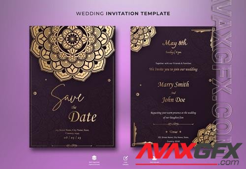 PSD beautiful wedding invitation card with beautiful blooming floral with gold ornament