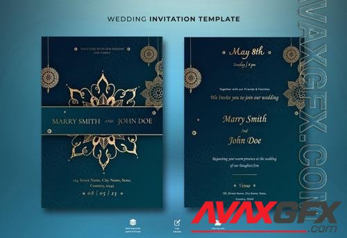 PSD beautiful wedding invitation and menu template with beautiful leaves with gold ornament