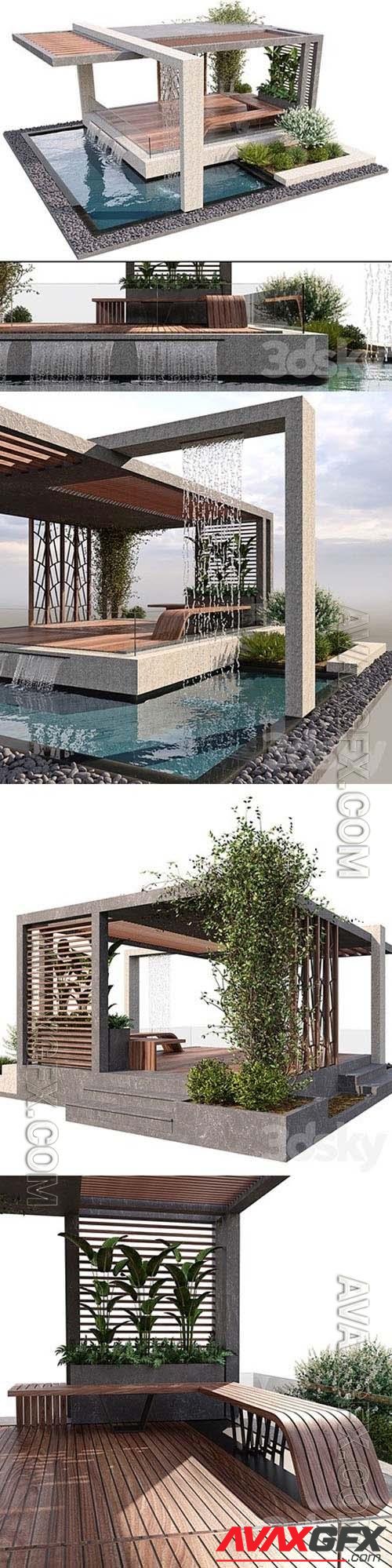 Pergola With Water & Plants - 3d model