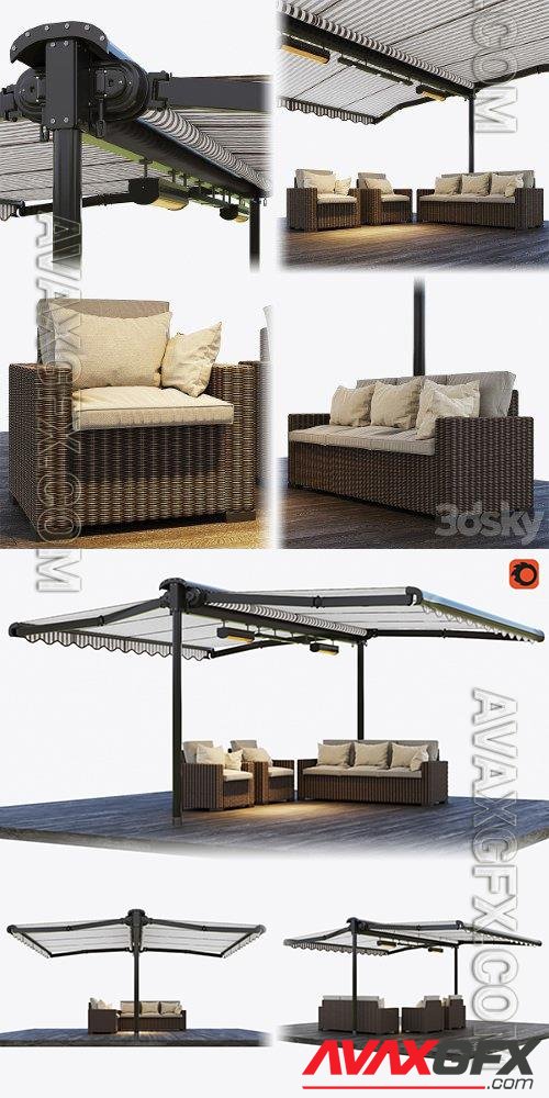 Double-sided cassette tent with rattan garden furniture - 3d model