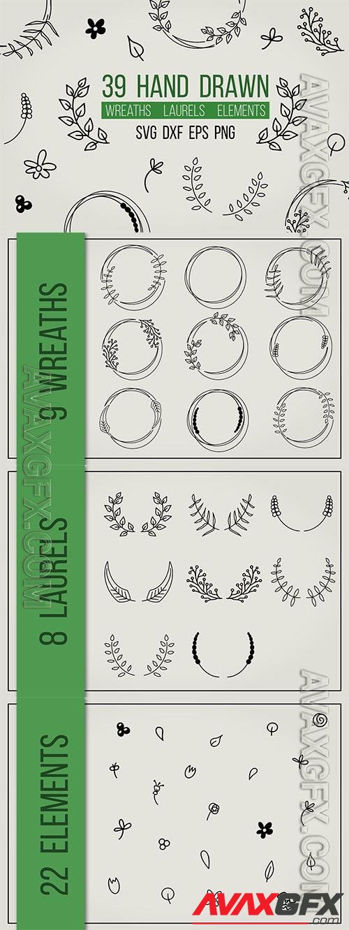 Hand drawn wreaths, laurels bundle design elements