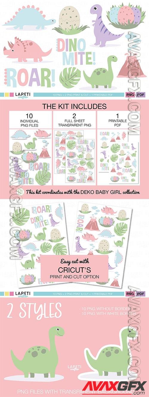 Girl dinosaur clipart printable bundle design elements