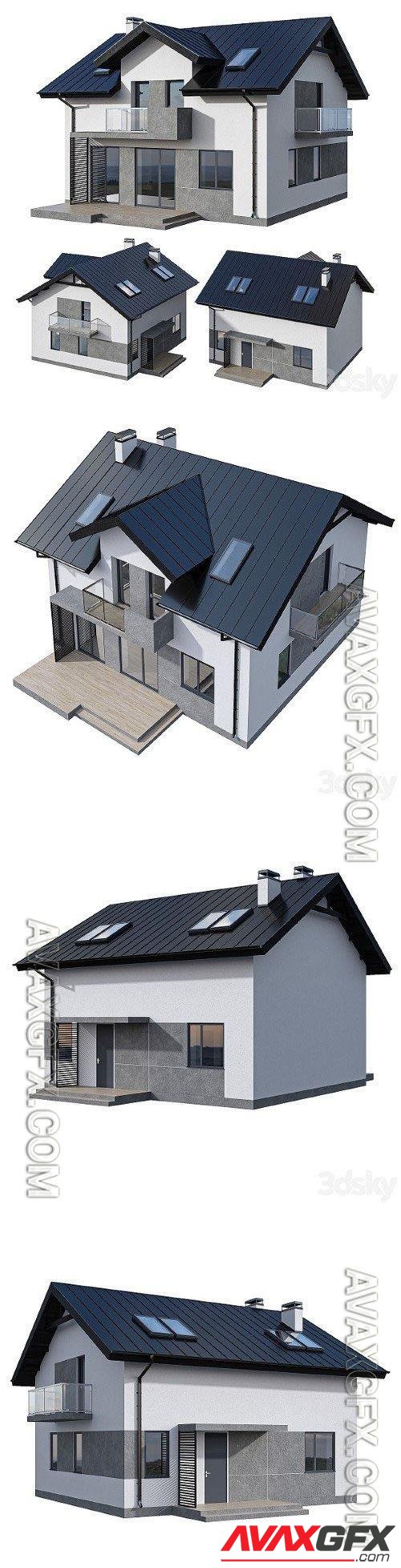 Modern Two Storey Cottage With Two Balconies - 3d model