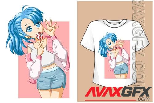 Vector mockup t-shirt cute anime girl blue hair with jacket