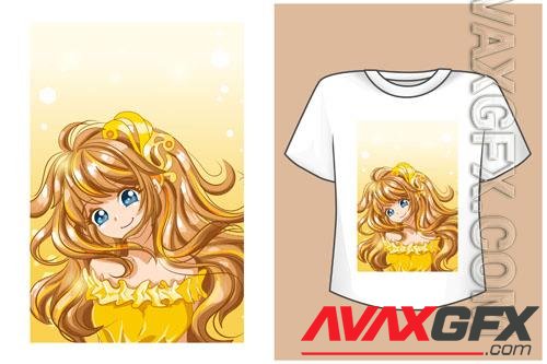 Vector mockup t-shirt beautiful anime princess yellow dress