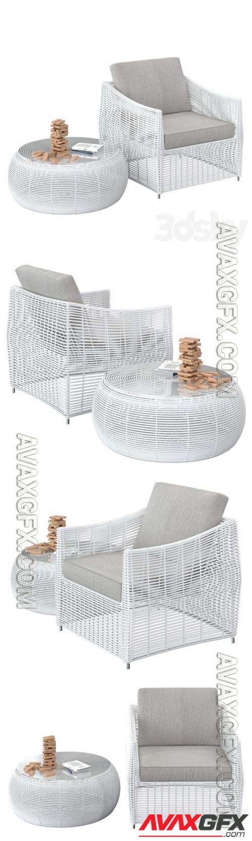 Table and rattan chair - 3d model