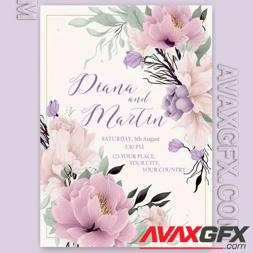 Psd beautiful wedding invitation for a wedding with watercolor flowers royal themed